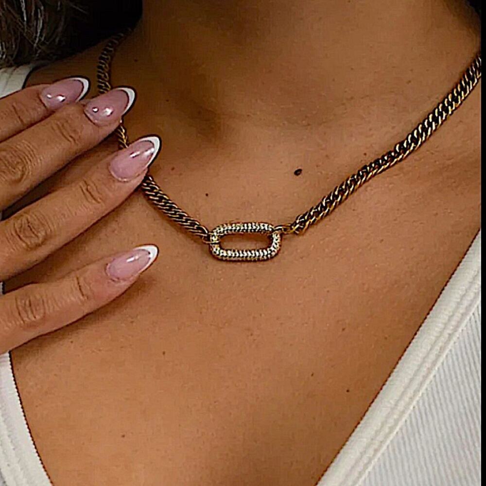 Gold Zircon Rectangular Charm Necklace Chain Link - Picture 3 of 11